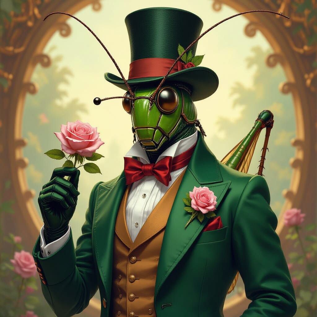 Humanoid Grasshopper in Green Tailcoat with Rose