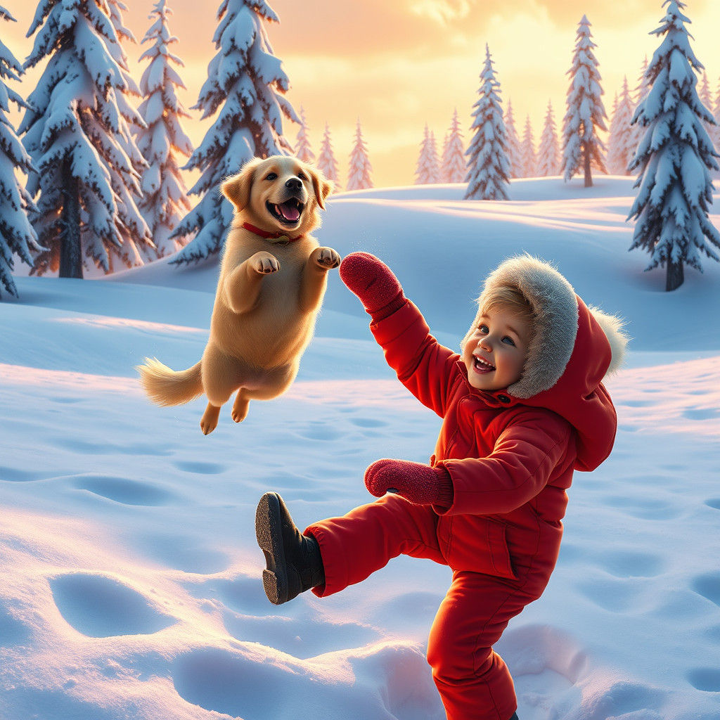 Child and Dog Play in Snowy Winter Wonderland