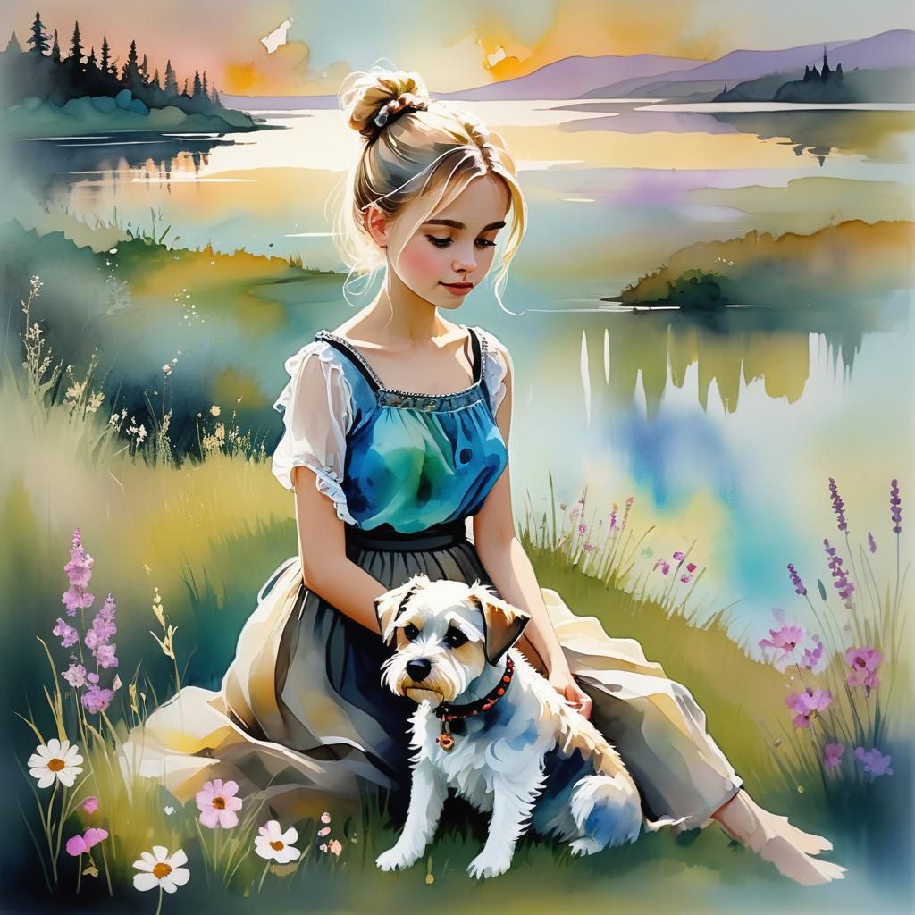 Girl with Dog in Whimsical Alcohol Ink Landscape