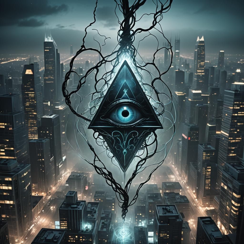 Glowing Glass Eye Brain in Dark Fantasy Cityscape