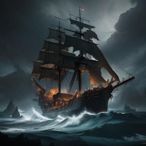 A 1700's Sail ship, struck by lightning and on fire.