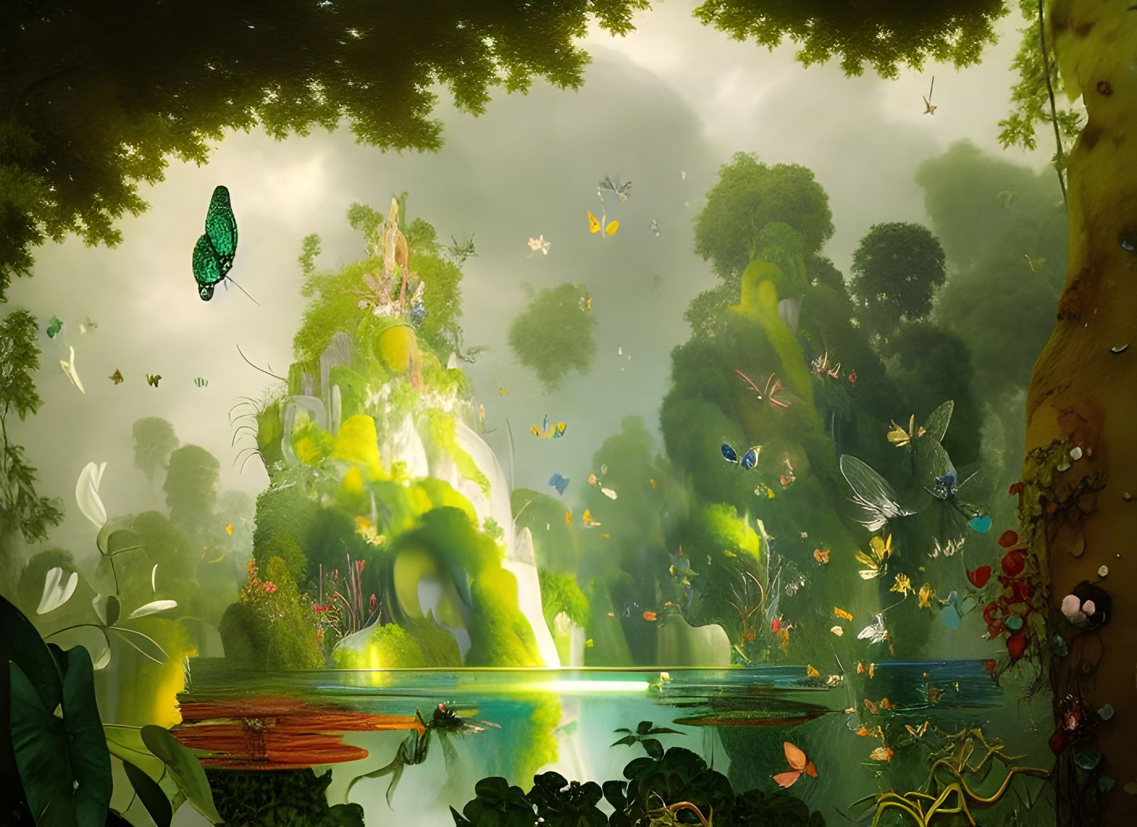 Lush Garden with Exotic Rock and Non-Human Being