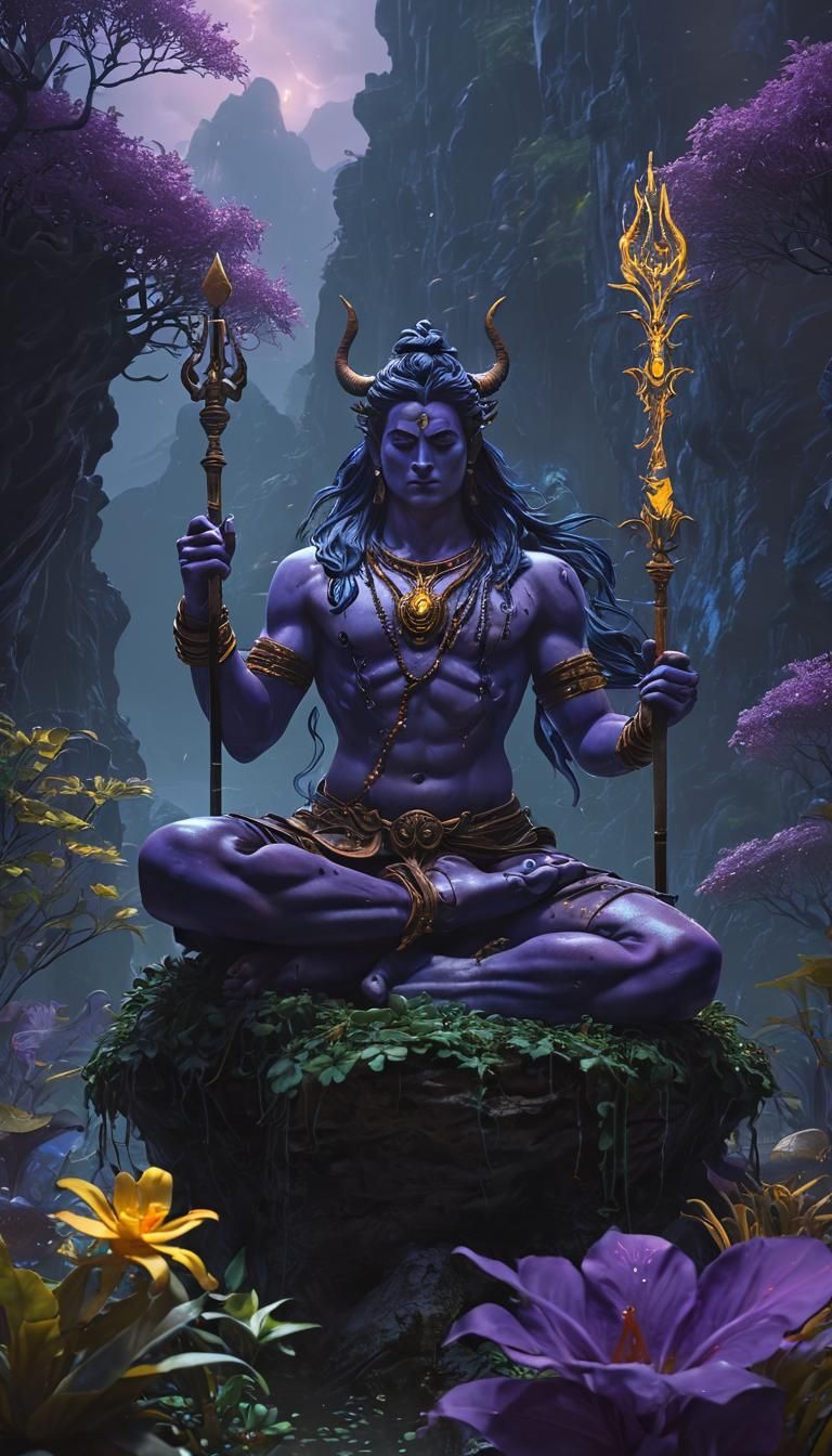 Lord Shiva Meditating in Dark Fantasy Landscape
