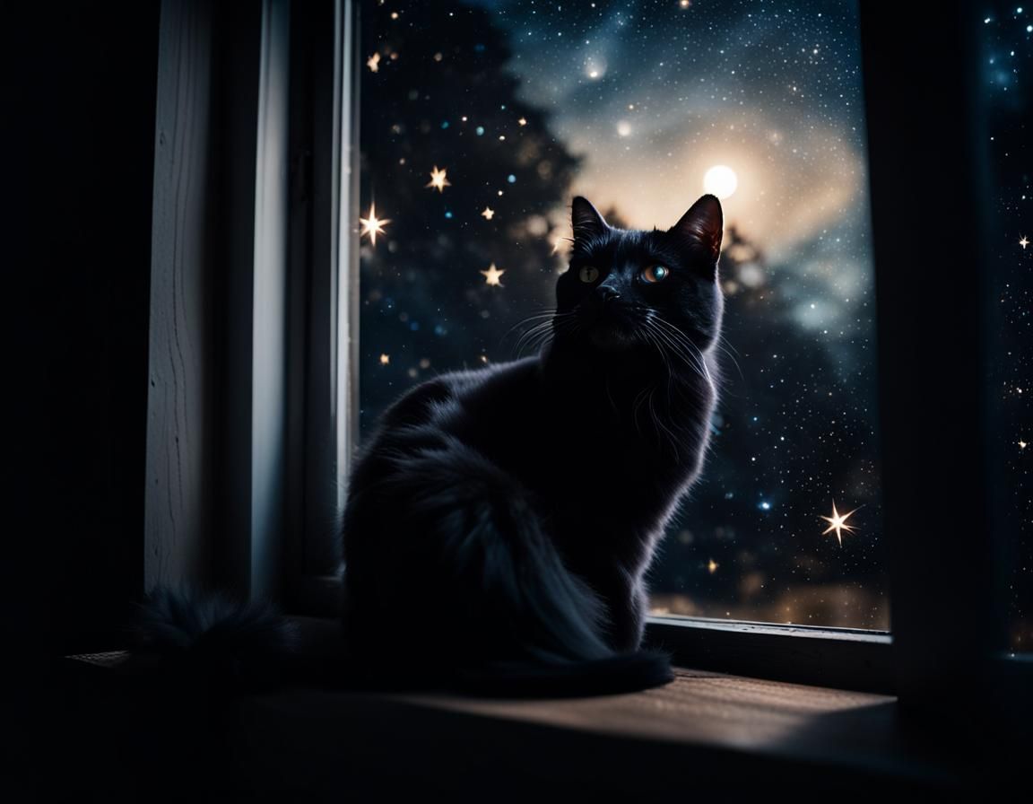 Fluffy Black Cat Gazing at Stars: Ambient Light Portrait