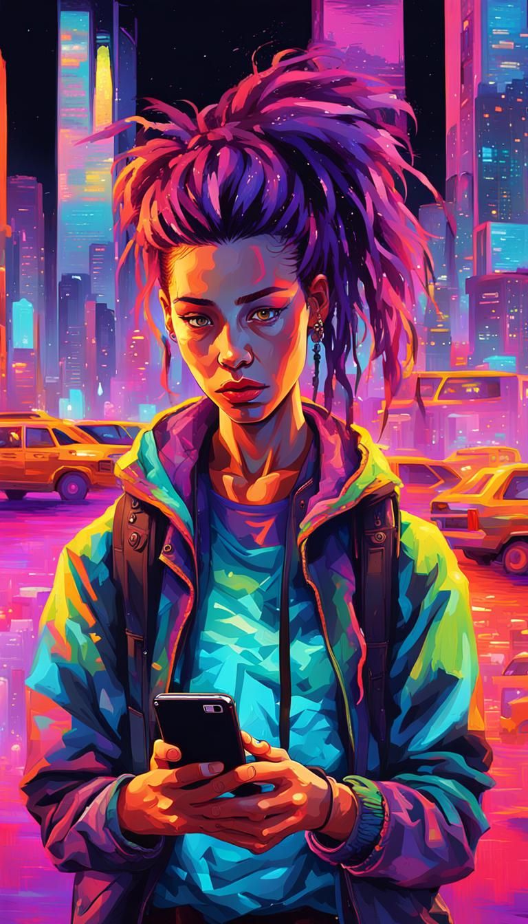 Retrograde Digital Nomad in Cyberpunk Cityscape