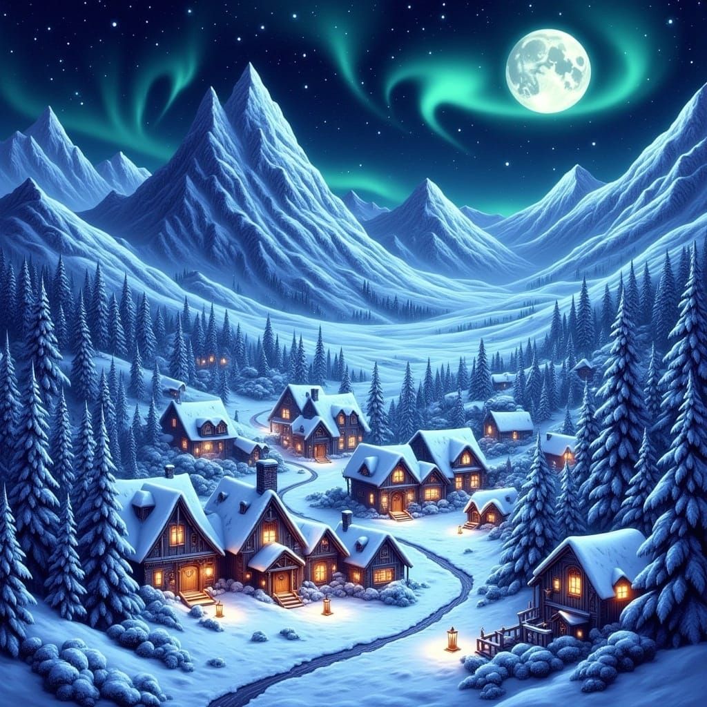 Enchanted Winter Village Under Aurora Borealis