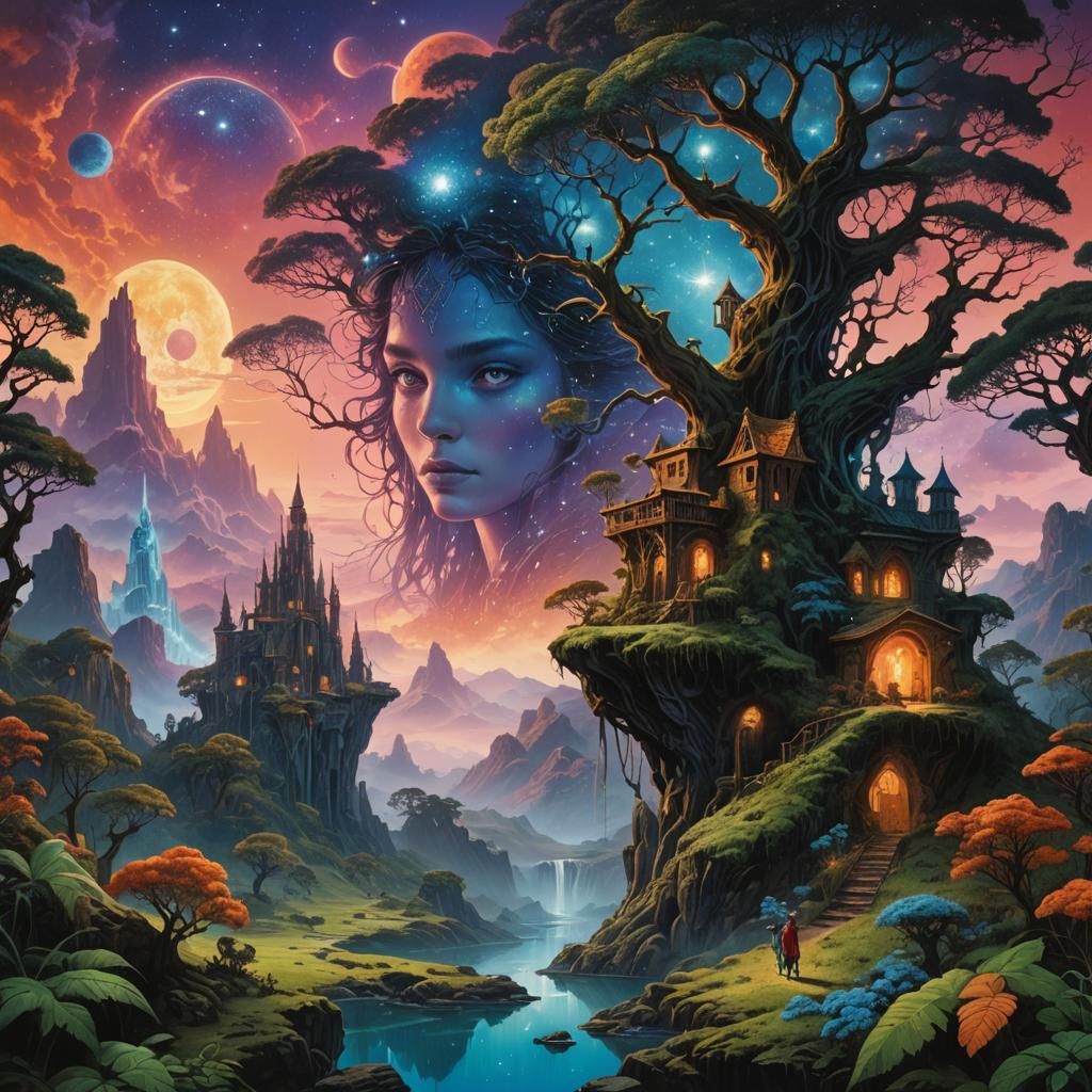 Cosmic Fantasy Landscape in Oil Painting Style
