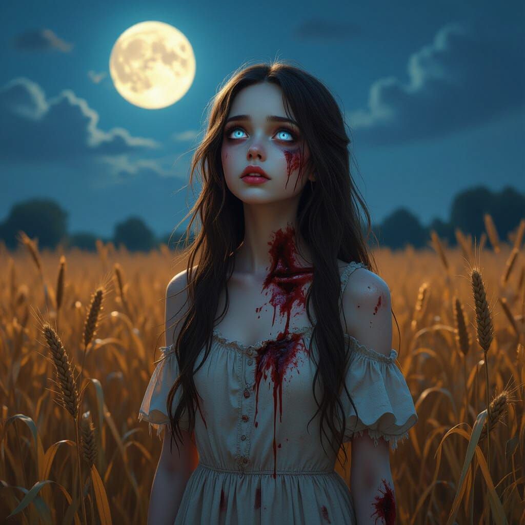 Zombie Girl Gazes at Full Moon in Bloody Harvest Field