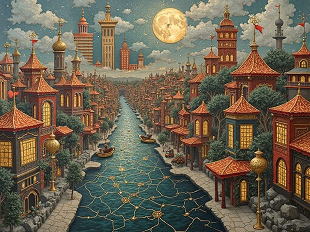 Elegant Stylized Cityscape with Blood Moon in Folk Art Style