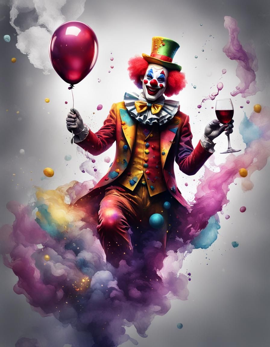 Clown Dancing with Balloon and Wine, Alcohol Ink Art