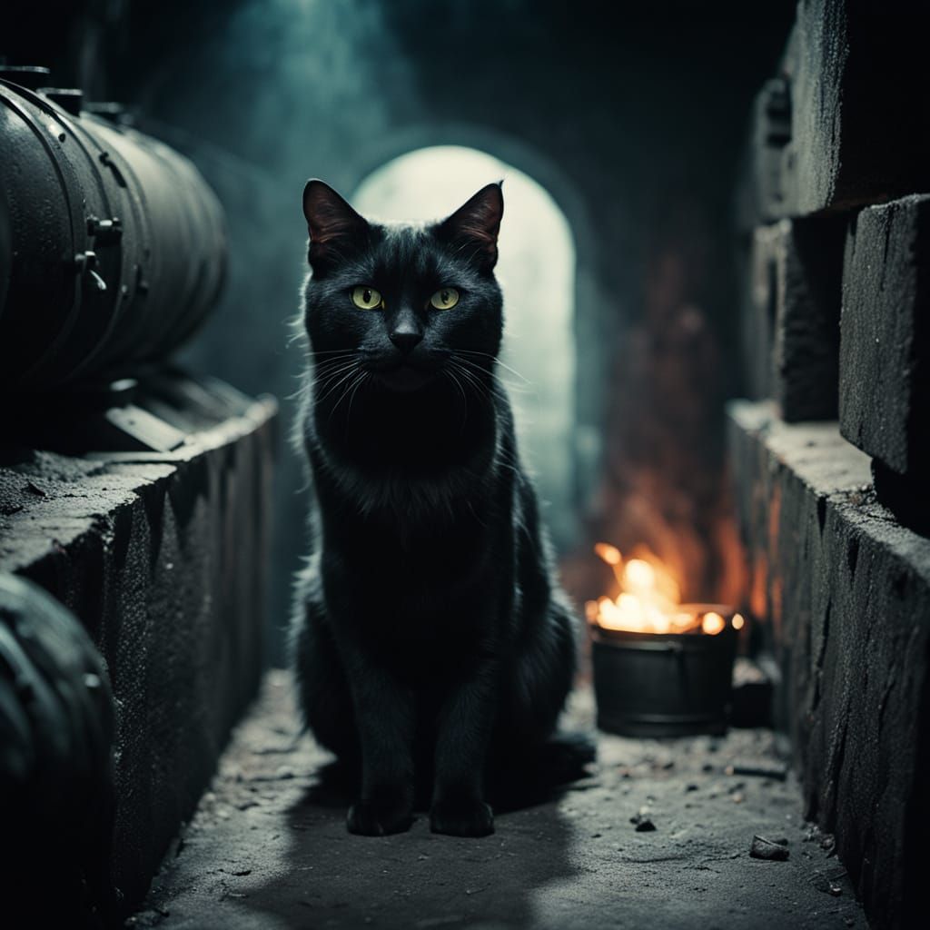 Ethereal 35mm Film Still of a Black Cat in a Coal Cellar