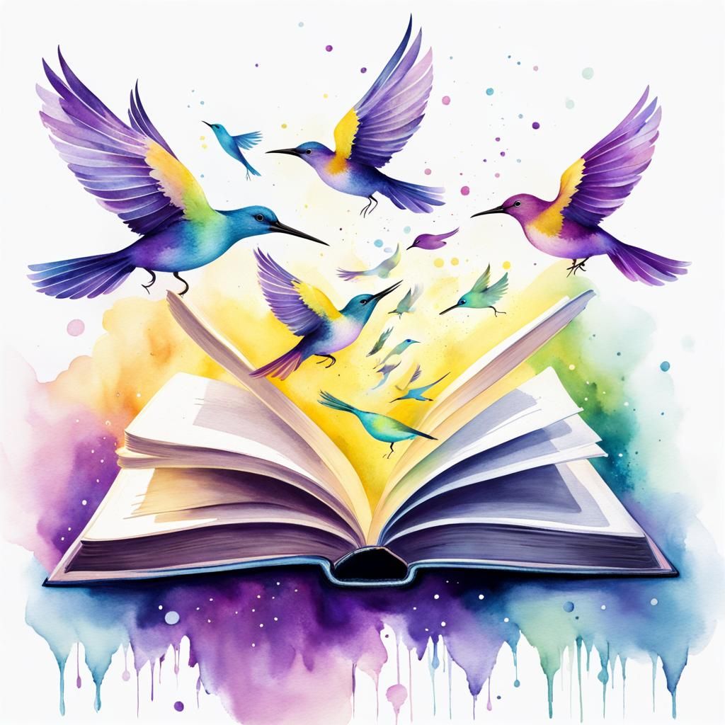 Bioluminescent Book with Flying Birds in Watercolor