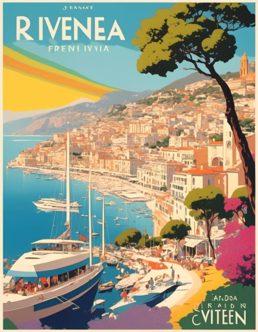 A rainbow travel poster for the French Riviera in the style ...