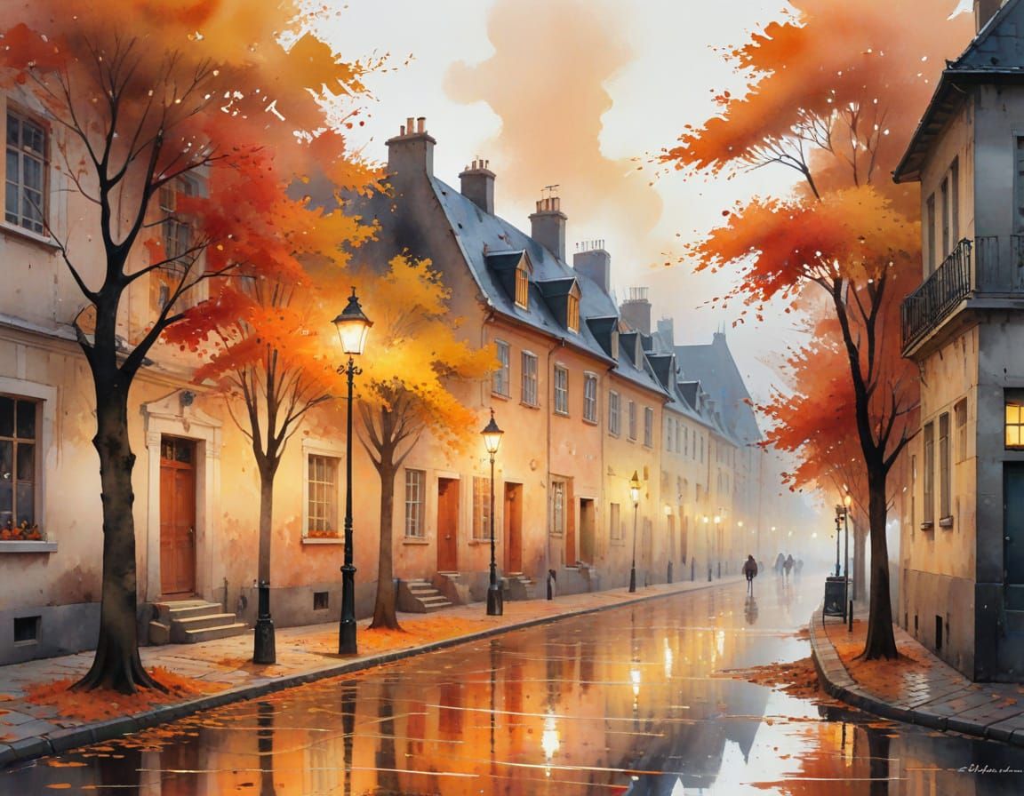 Autumn Street Scene with Watercolor Artistry