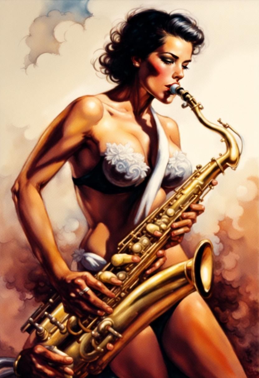 Saxophone Player with Colored Smoke, Comic Art