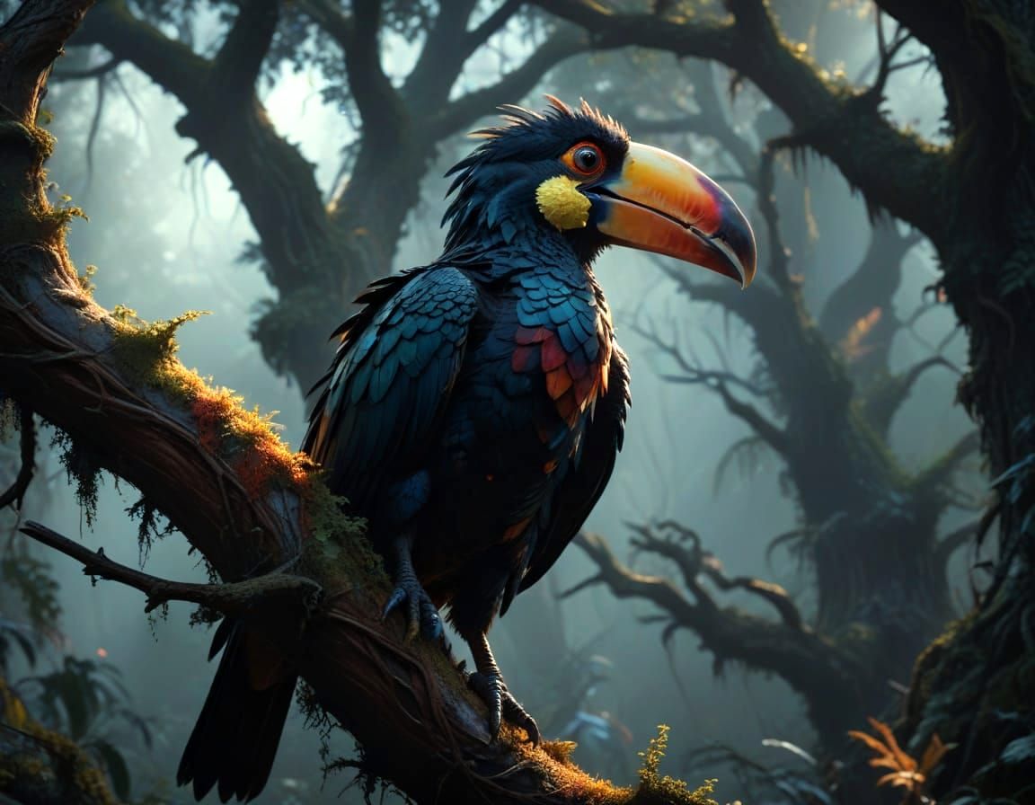 Majestic Gothic Dragon-Bird Perched on Eerie Oak