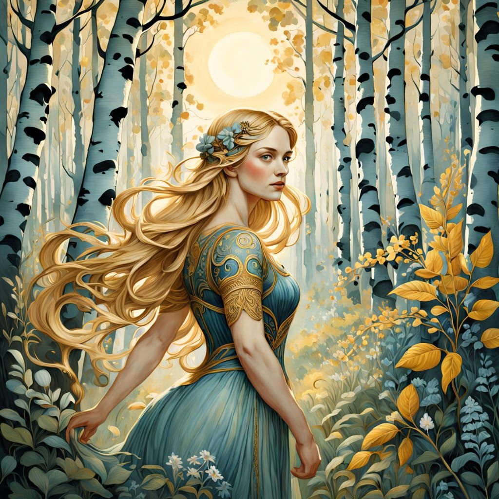Aino in Enchanted Finnish Forest, Art Nouveau Style