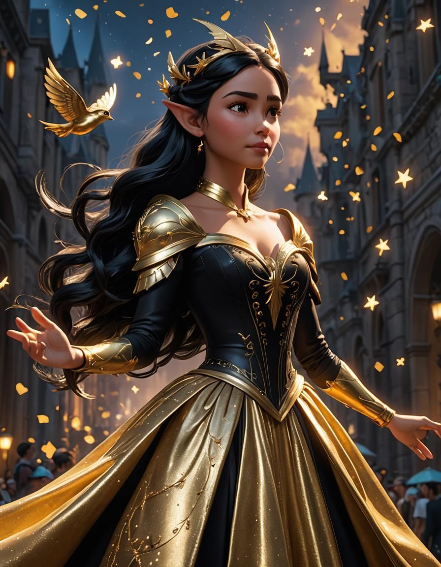 Enchanting Elf with Golden Dress in 3D Digital Art