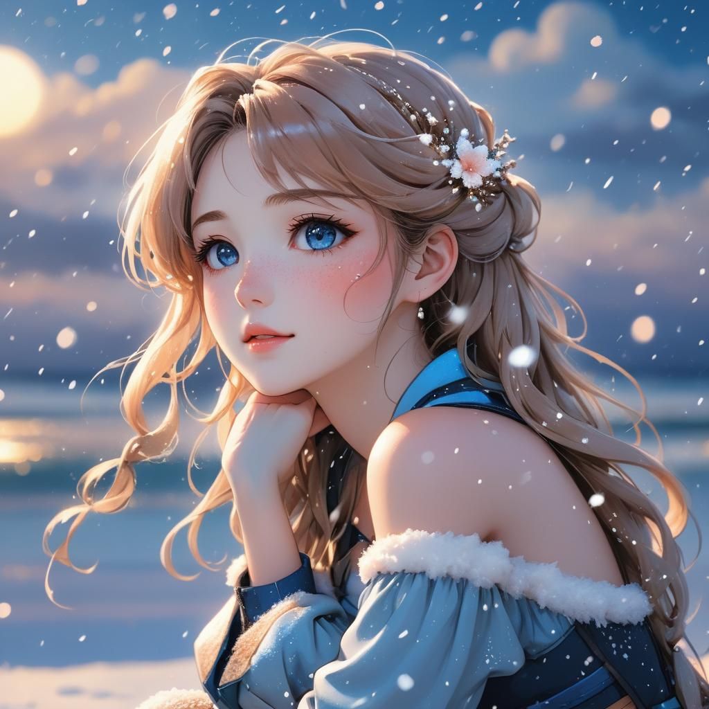 Love Goddess on Snowy Beach in Anime Style