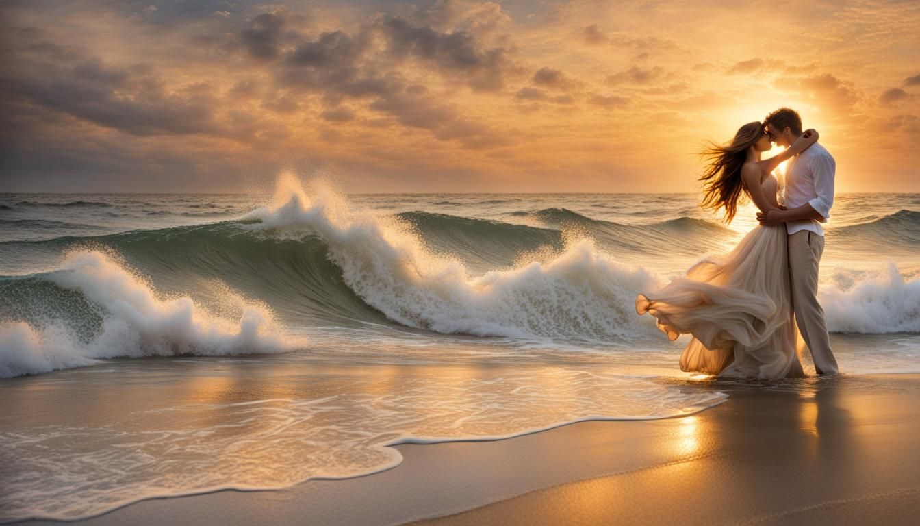 Romantic Embrace at Twilight Shoreline