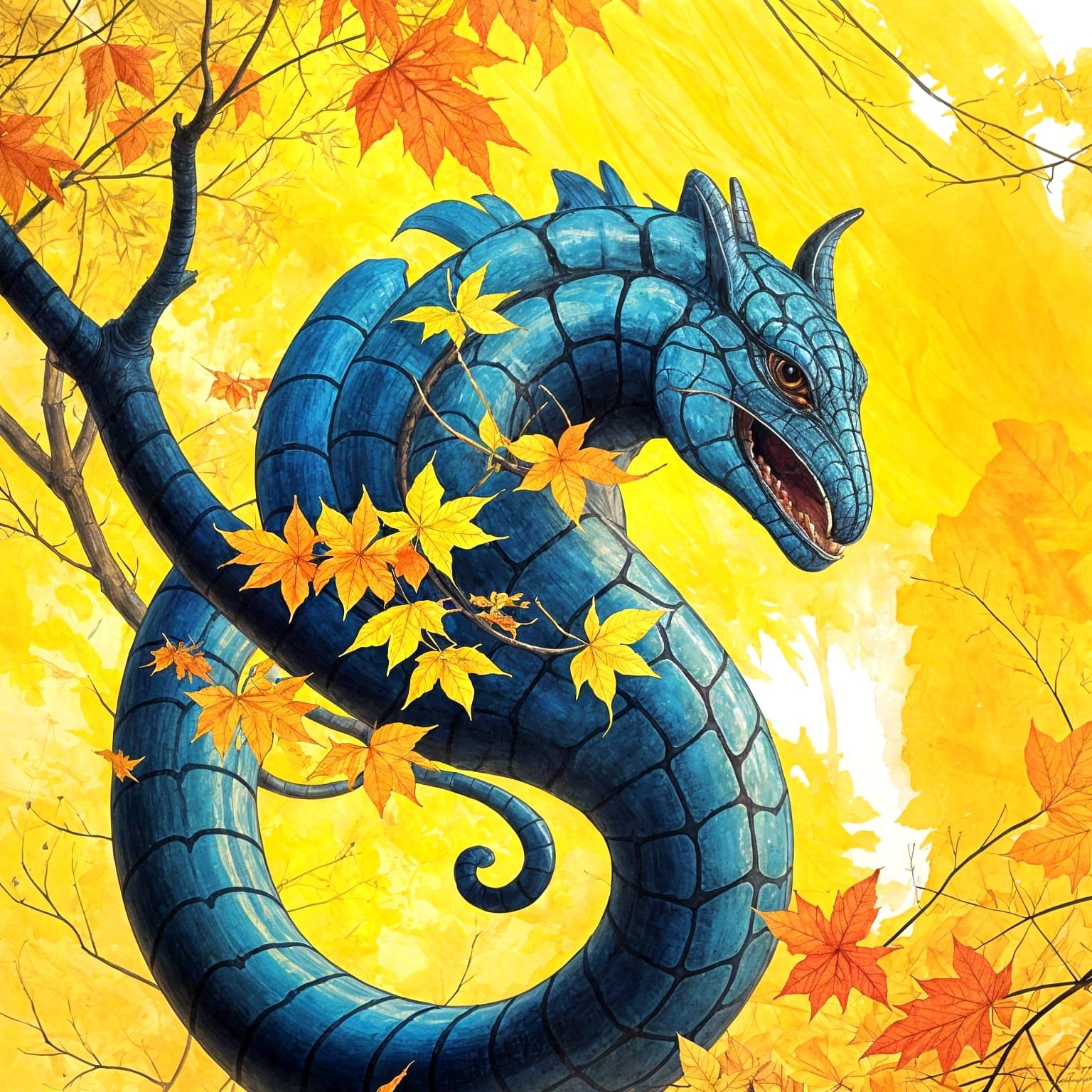 Playful Cobra Among Autumn Leaves in Watercolor Style