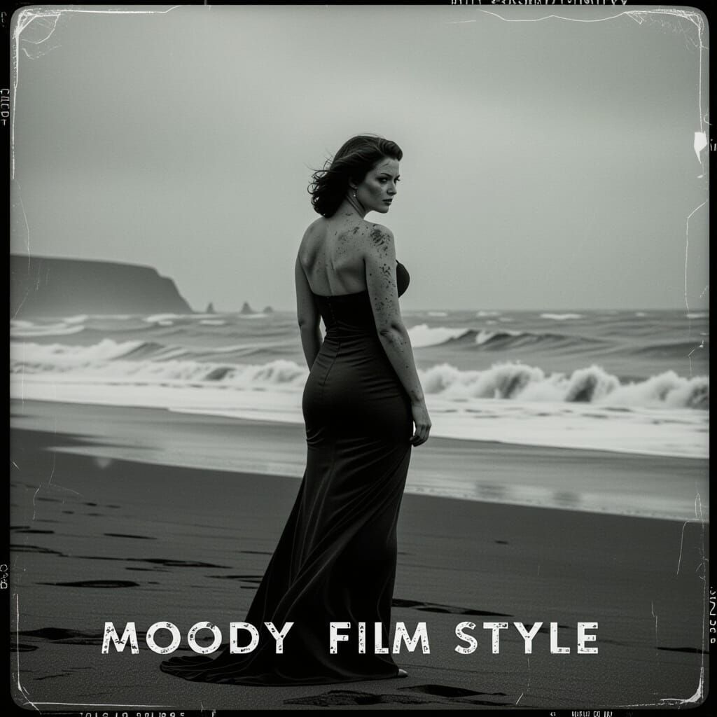 Vintage Film Still of Lone Woman on Stormy Beach