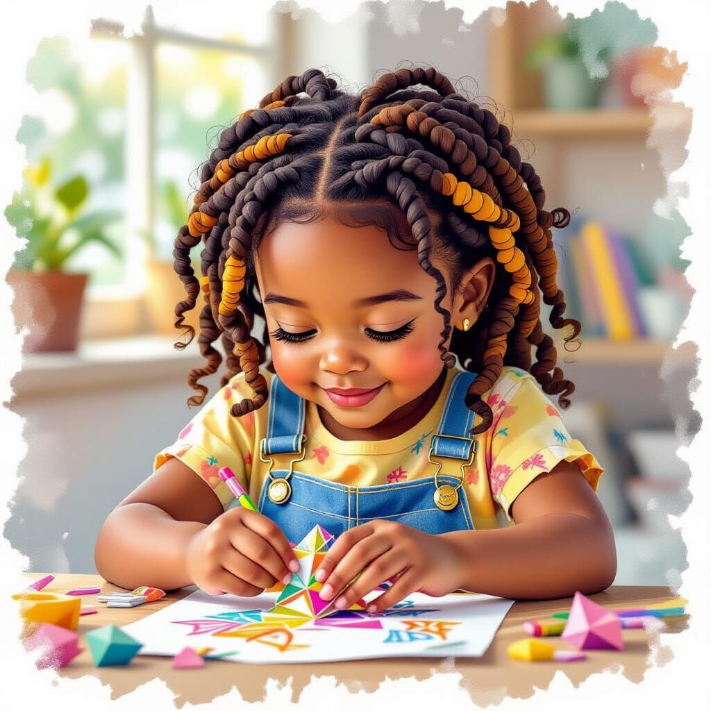 Girl Crafting Origami in Watercolor Style