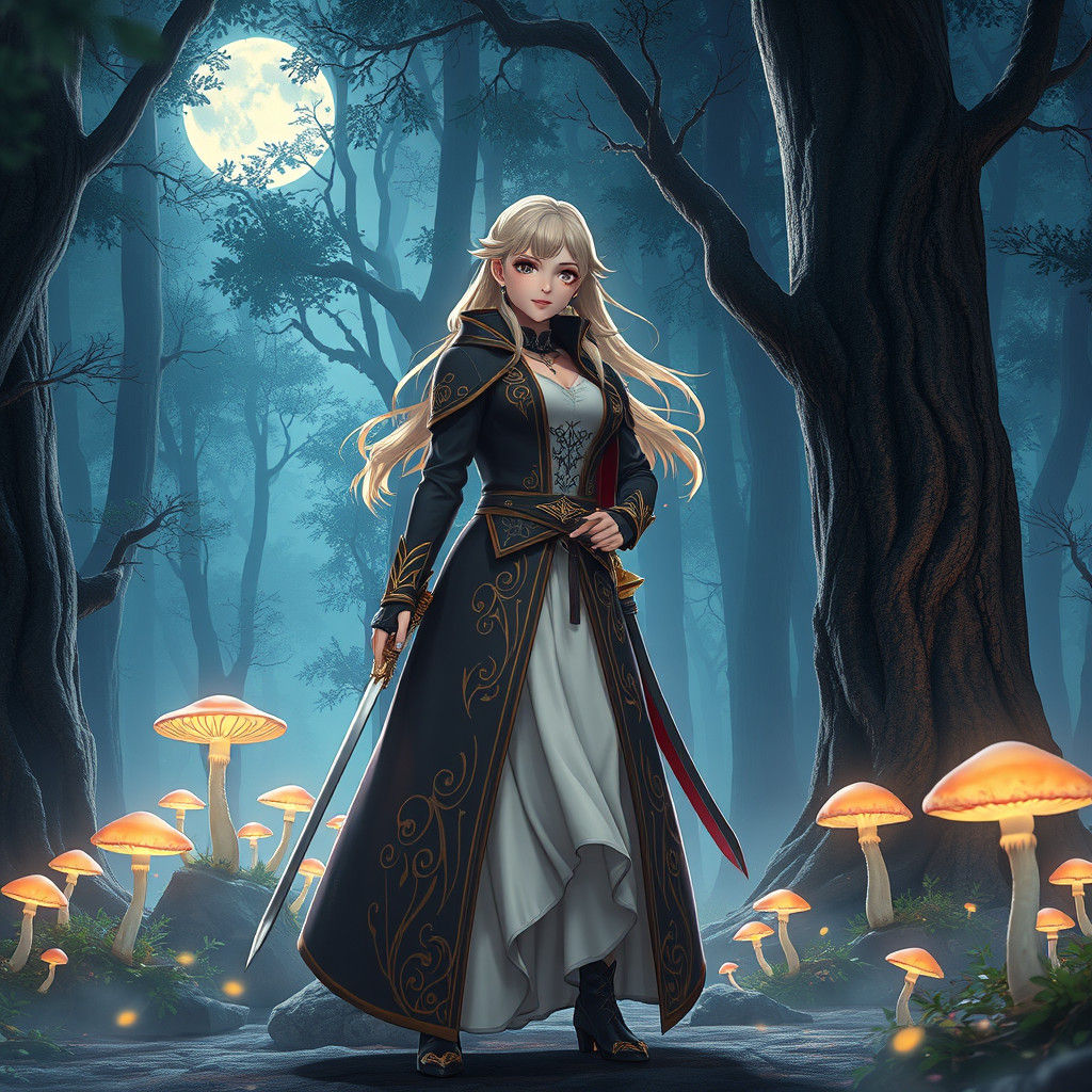 Heroic Woman in Moonlit Forest, Anime Style