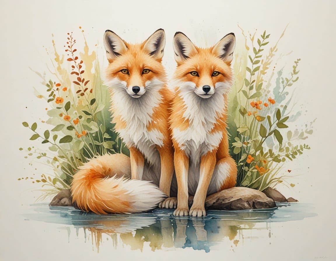 Pastel Fox in Sunlit Forest Stream