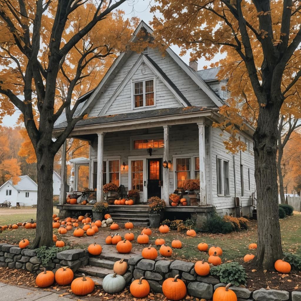 Autumn Farmhouse Scene with Pumpkins and Candles