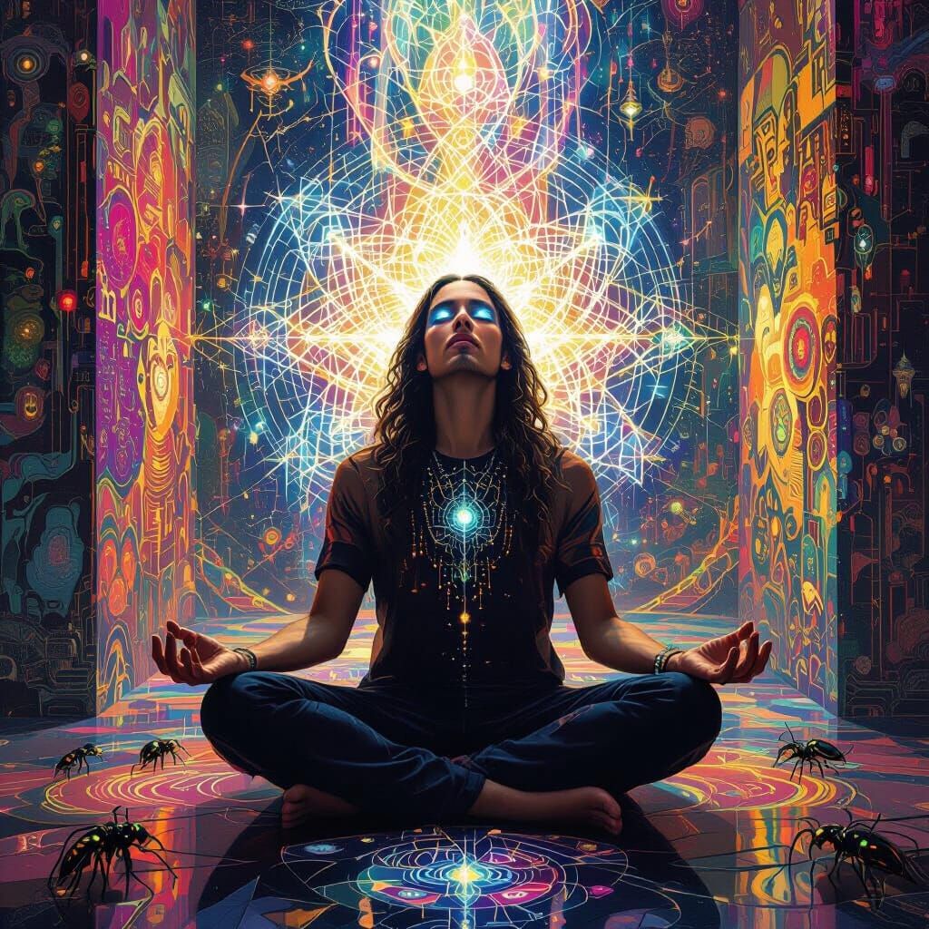 Meditator Dissolving into Fractal Light, Mystical Realism