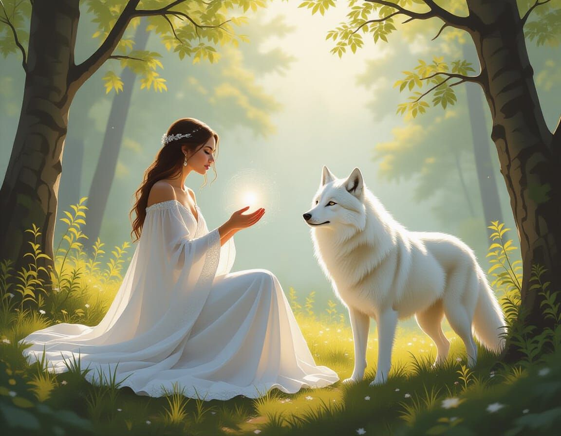 Ethereal Woman Receives Energy in Forest Landscape