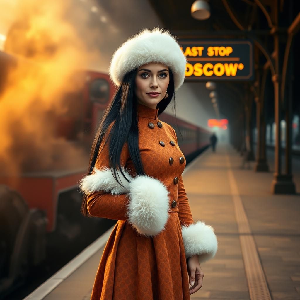 Cinematic Woman in Orange Dress at Train Station