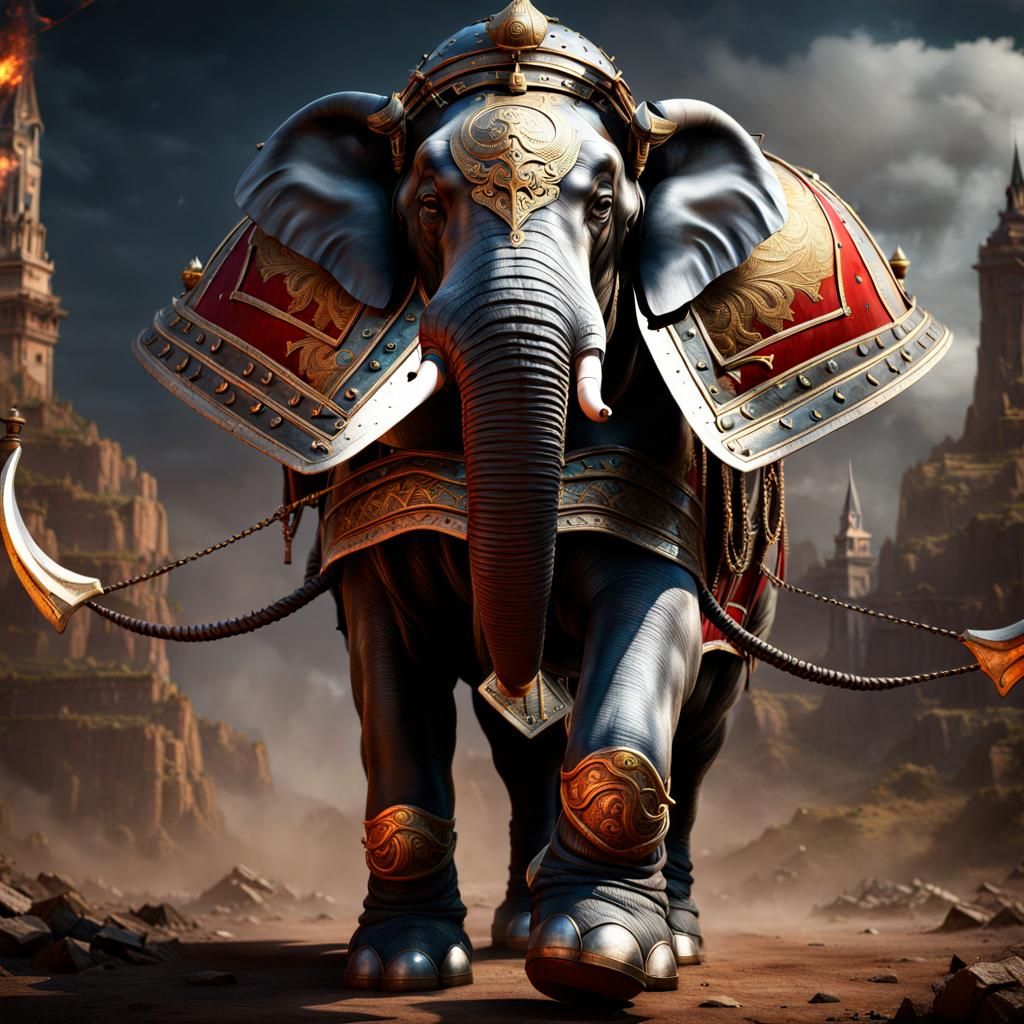 Spectacular historical battle elephant with armour and fighting saddle
