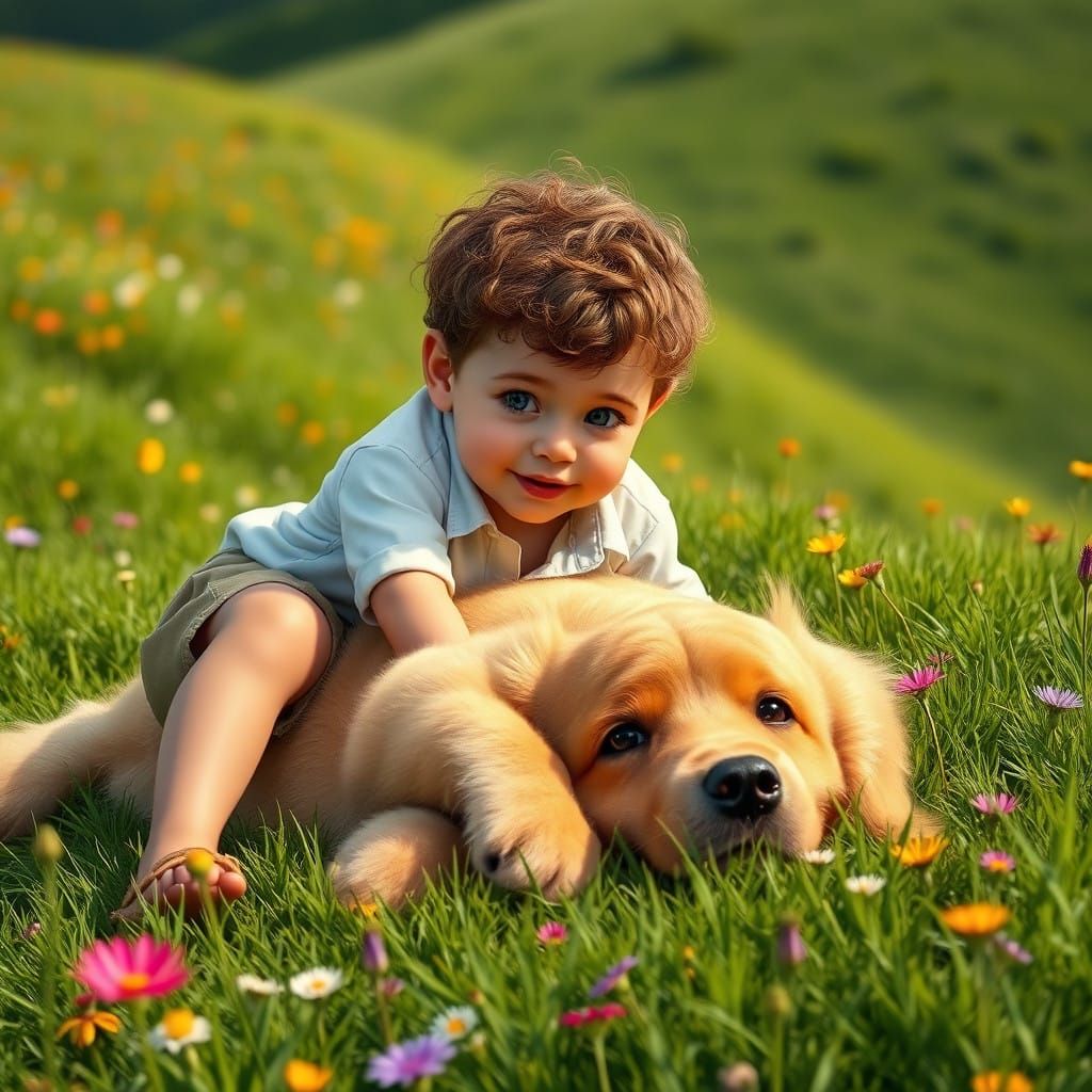 Boys and Golden Retriever in Whimsical Nature Scene