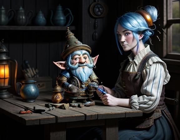 Gnome Repairs Automaton in Dark Fantasy Workshop