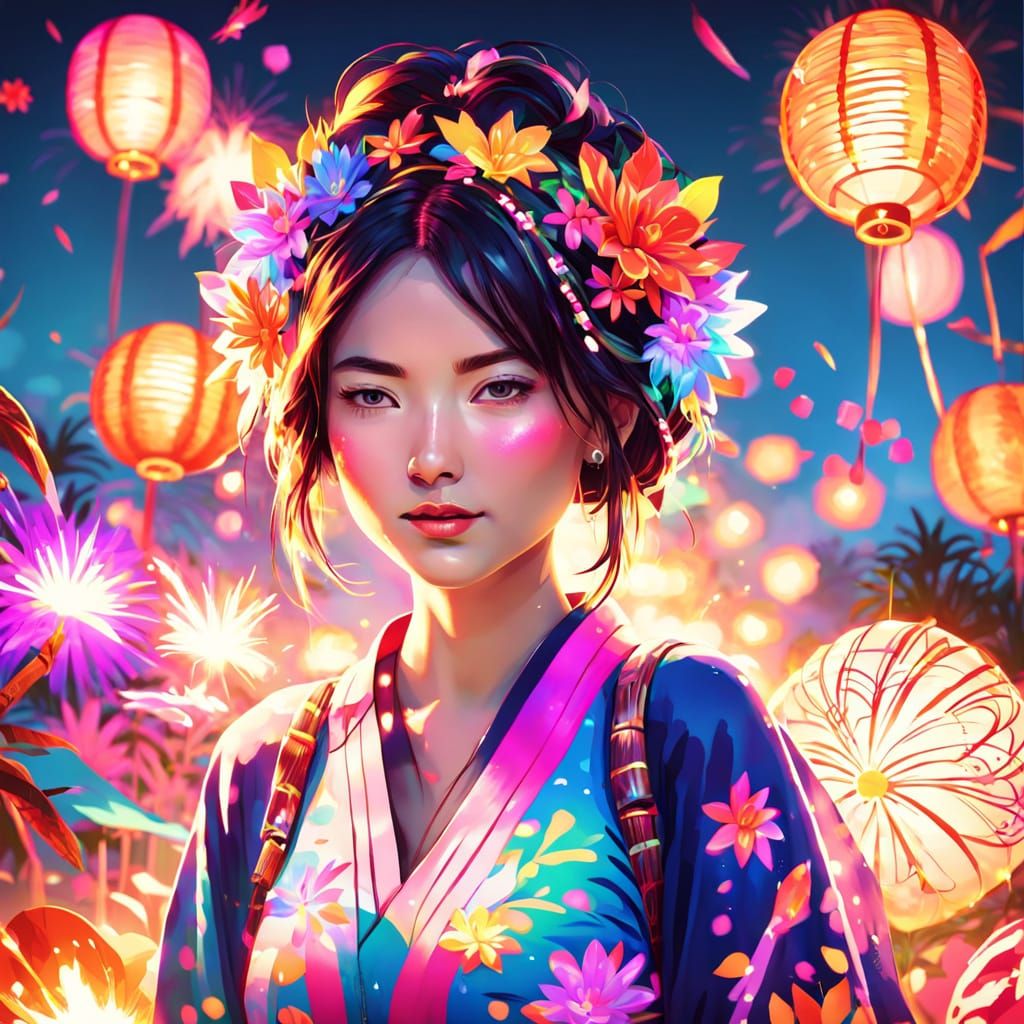 Floral Yukata: Summer Festival Portrait in Digital Art