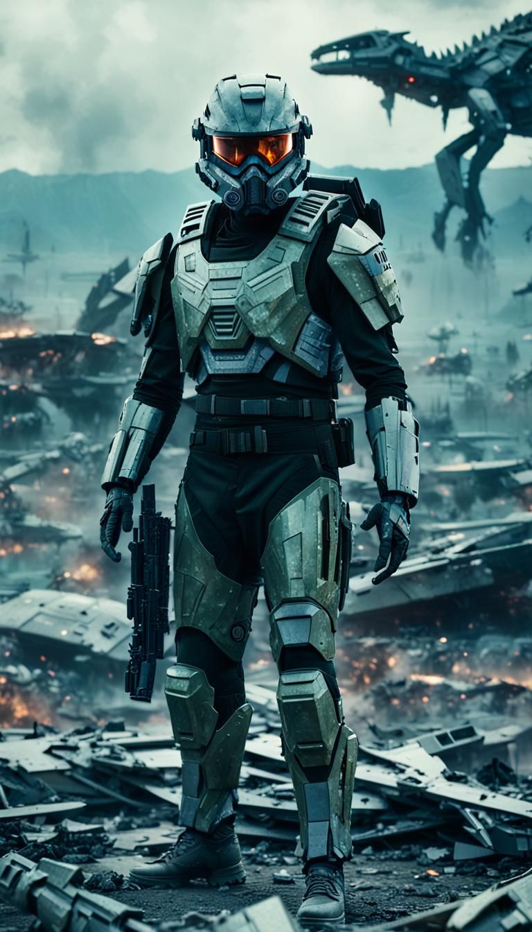 Futuristic Indian Soldier on Battlefield: Cinematic Still