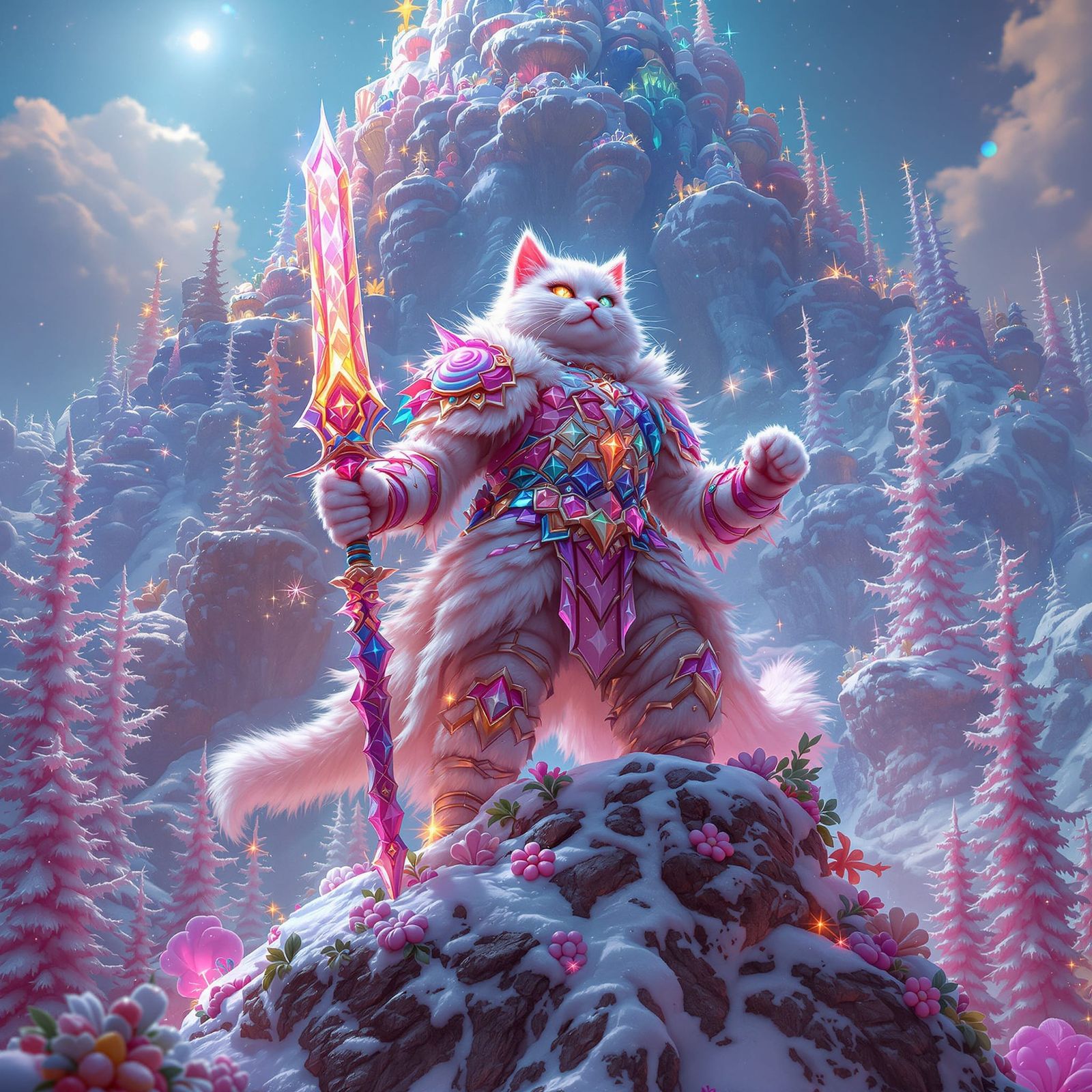 Fluffy Cat Warrior in Sugar Armor with Lollipop Sword