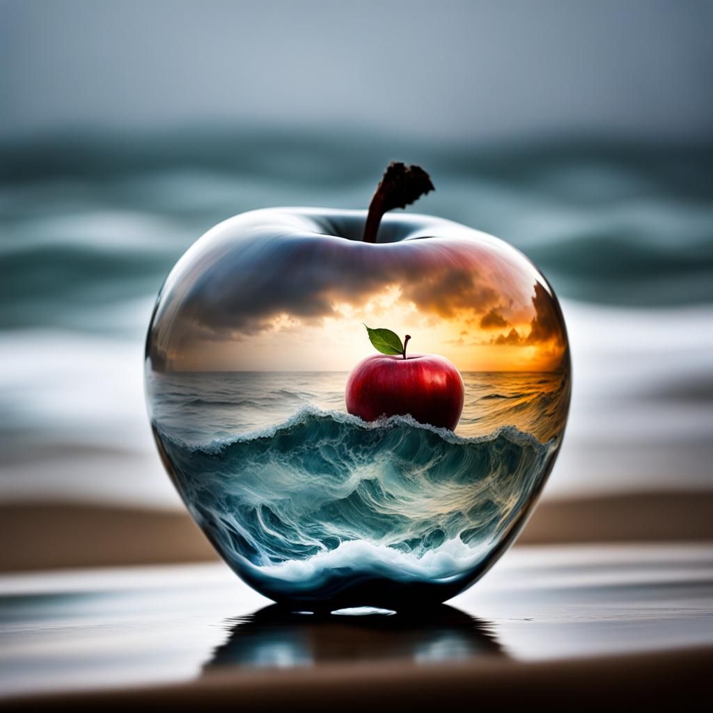 Stormy Sea in Glass Apple: Hyperrealistic Double Exposure