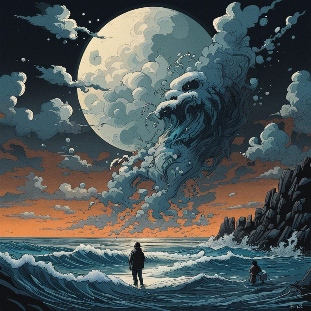 Fisherman and Dog Under Blue Moon, Digital Art