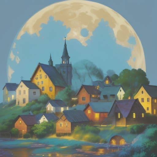 Gouache Painting of Rustic Village Under Luminous Moon