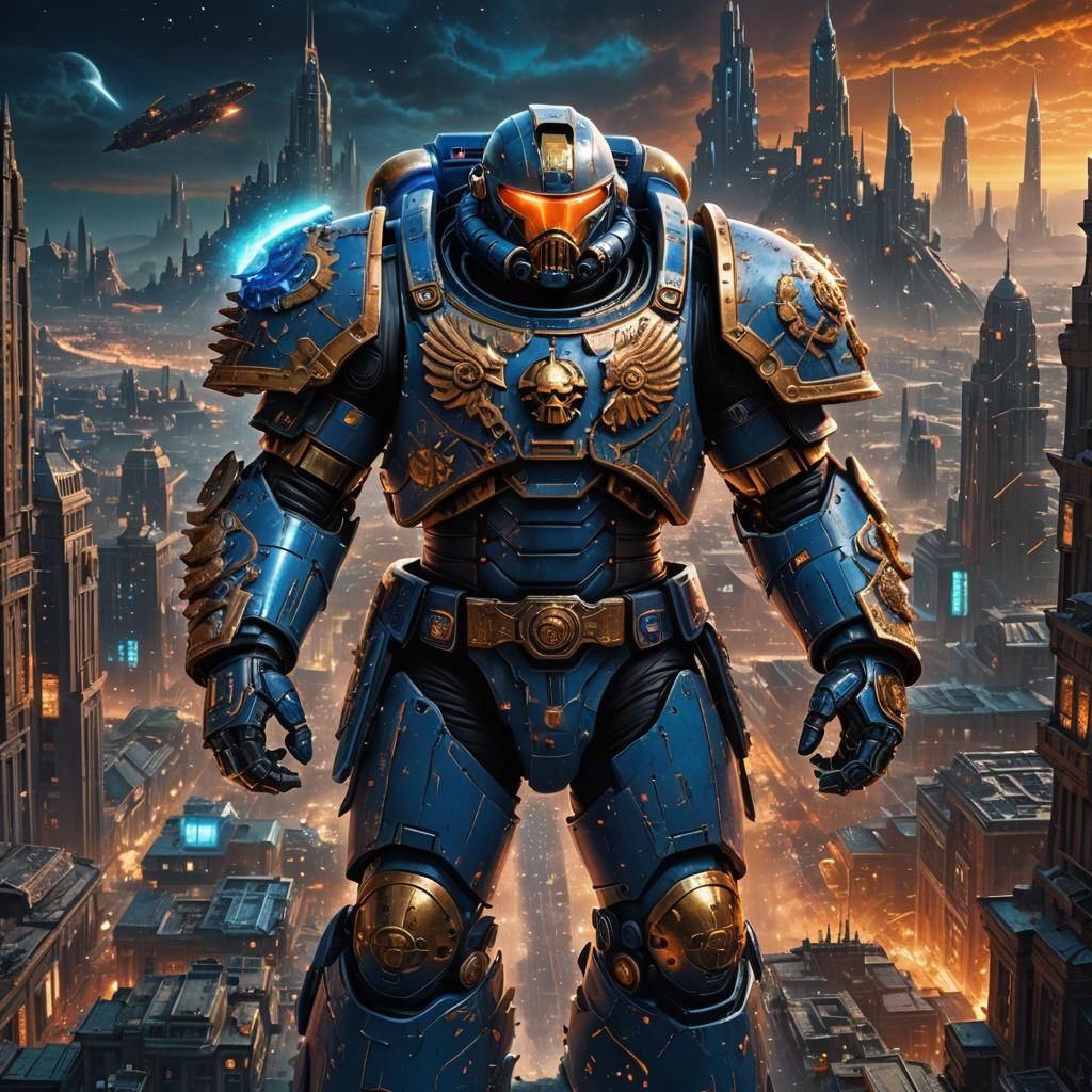 Space Marine in Intergalactic Cityscape: Neon Grimdark Sci-F...
