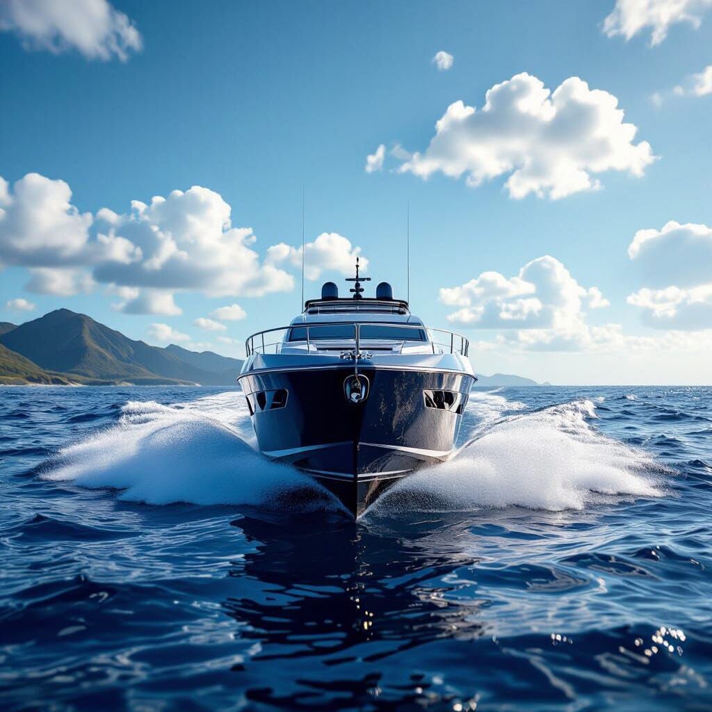 Luxury Yacht Speeding Through Choppy Sea at Golden Hour