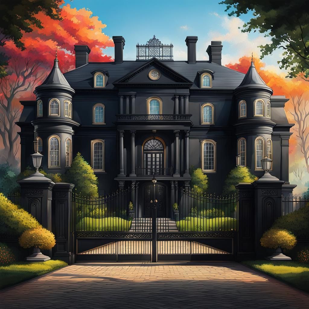 A beautiful grand traditional black Georgian mansion with a long gated driveway Hyperrealistic, splash art, concept art,...