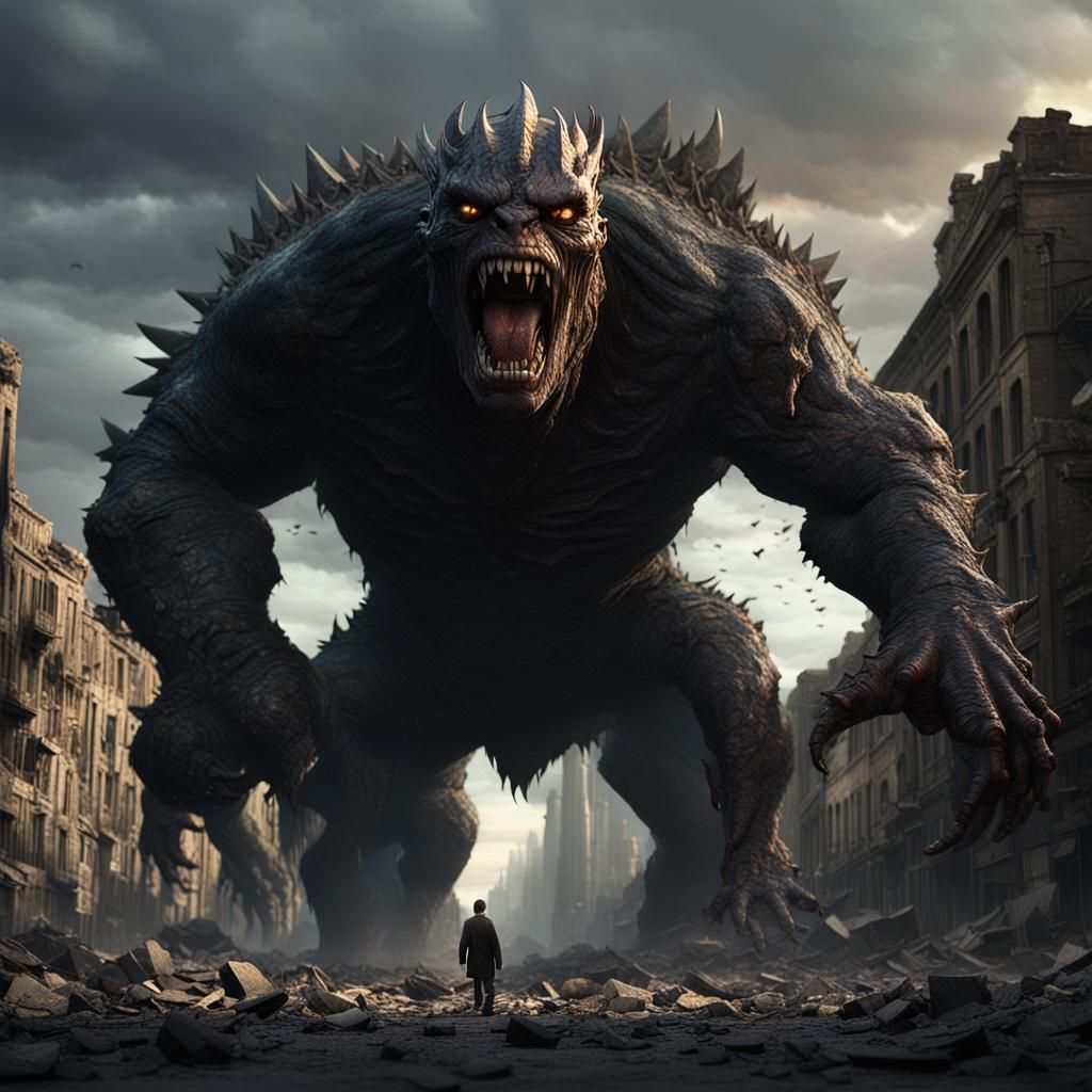 Monstrous Creature Emerges from Ruined City in Tenebrism