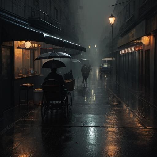 Noir Street Vendor Serving Coffee on Rainy Night
