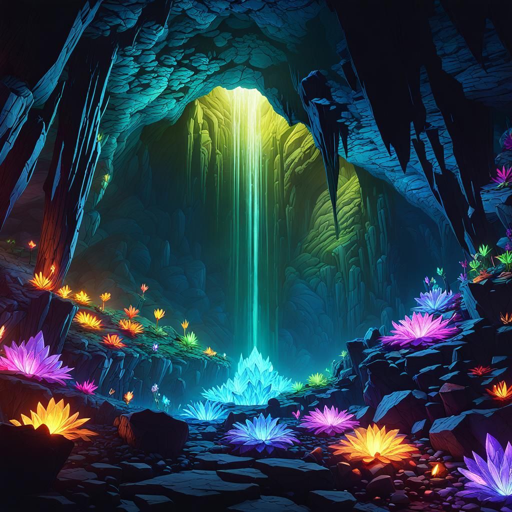Glowing Crystals in Cave: Dark Fantasy Concept Art