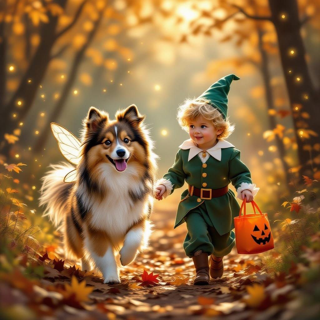 Sheltie-Pomeranian Fairy and Peter Pan in Autumn Forest
