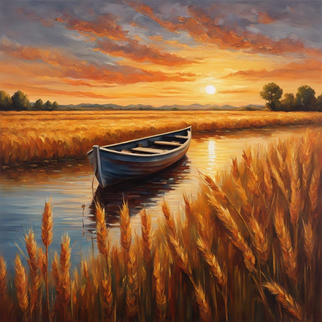 Impressionistic Oil Painting of Rowboat by Wheat Field at Su...